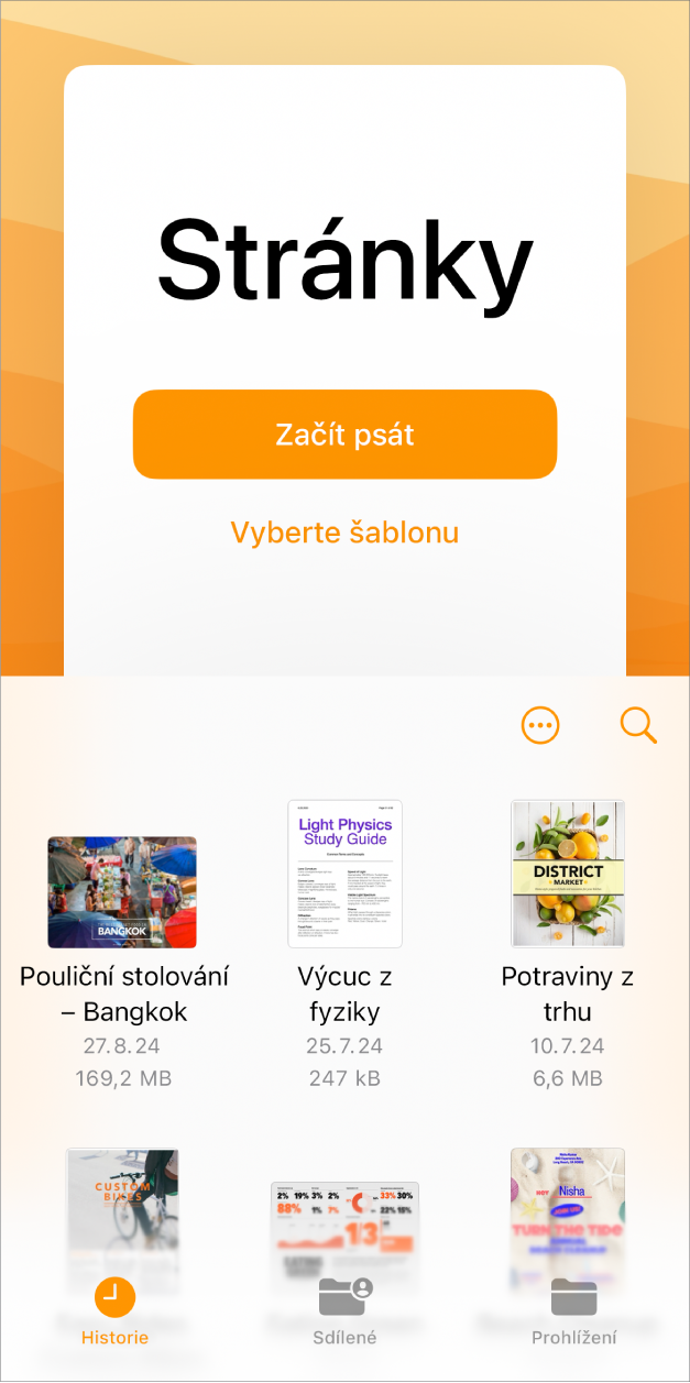 Správce dokumentů Pages s tlačítky pro zahájení psaní nebo výběr šablon u horního okraje obrazovky a ovládacími prvky pro otevření uložených dokumentů dole