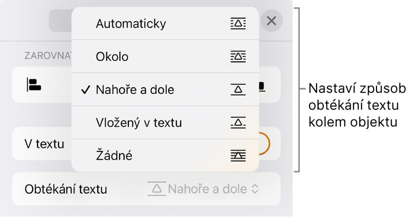 Ovládací prvky Obtékání textu s položkami Automaticky, Okolo, Nahoře a dole, Vložené v textu a Žádné