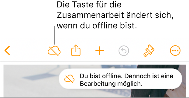 Die Tasten oben auf dem Bildschirm, darunter die Taste „Zusammenarbeit“, die als mit einer diagonalen Linie durchgestrichenen Wolke dargestellt wird. Ein Hinweis auf dem Bildschirm besagt, dass du offline bist, aber weiterhin arbeiten kannst.