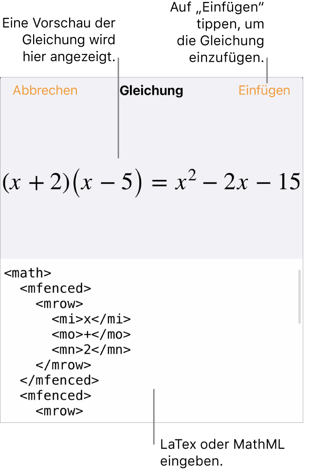 Im Dialogfenster „Gleichung“ wird eine Gleichung angezeigt, die mit MathML-Befehlen geschrieben wurde, darüber wird eine Vorschau der Formel angezeigt.