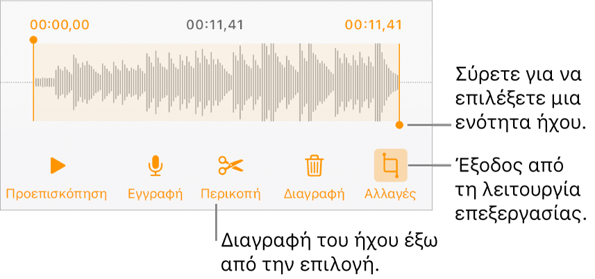 Στοιχεία ελέγχου για επεξεργασία ήχου εγγραφής. Λαβές που υποδεικνύουν την επιλεγμένη ενότητα της εγγραφής και τα κουμπιά «Προεπισκόπηση», «Περικοπή», «Διαγραφή» και «Επεξεργασία» από κάτω.