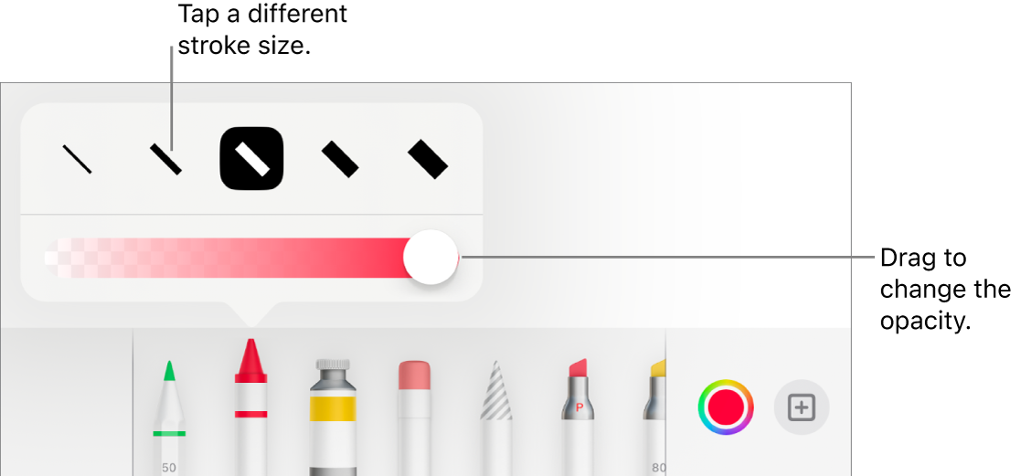 Controls for choosing a stroke size and a slider for adjusting the opacity.