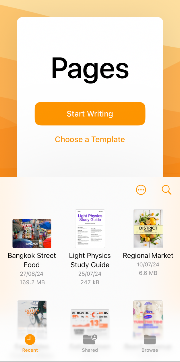 The Pages document manager with buttons to start writing or choose a template at the top of the screen, and controls to open saved documents on the bottom.