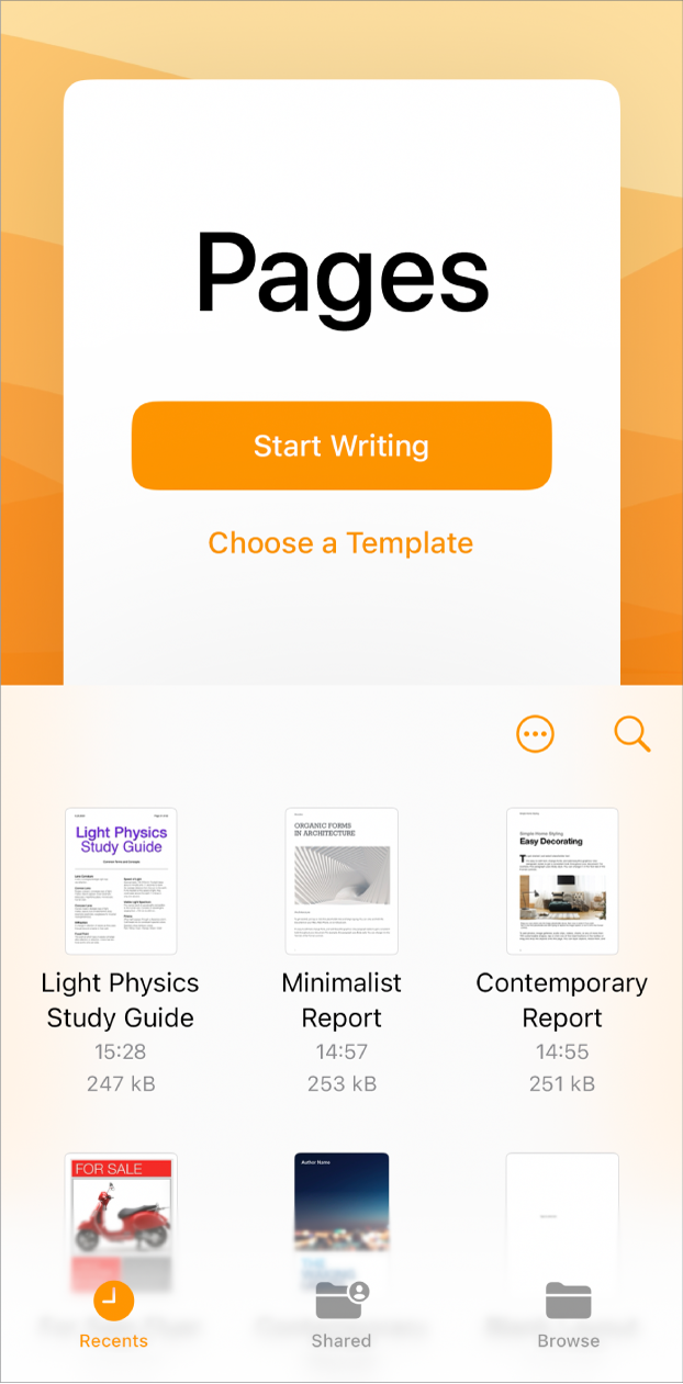 Pages welcome screen with options for Start Writing and Choose a Template at the top, with recent documents displayed at the bottom.