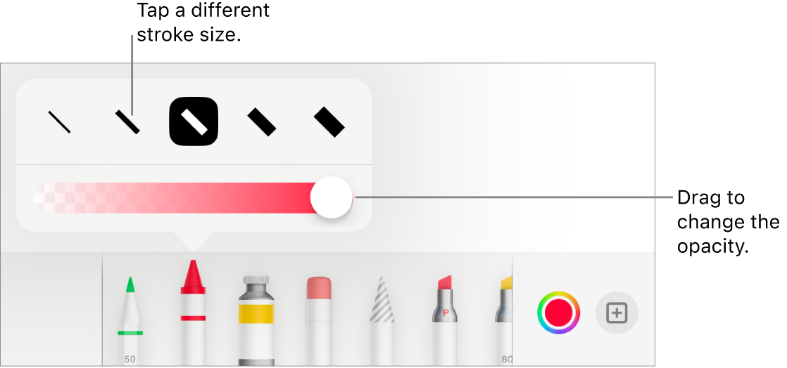 Controls for choosing a stroke size and a slider for adjusting the opacity.