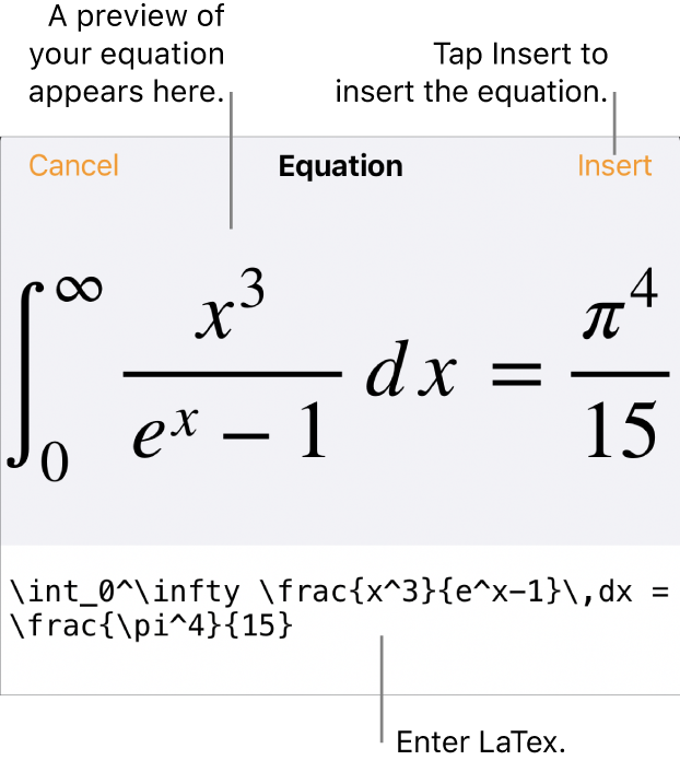 The Equation dialogue, showing an equation written using LaTex commands, and a preview of the formula above.