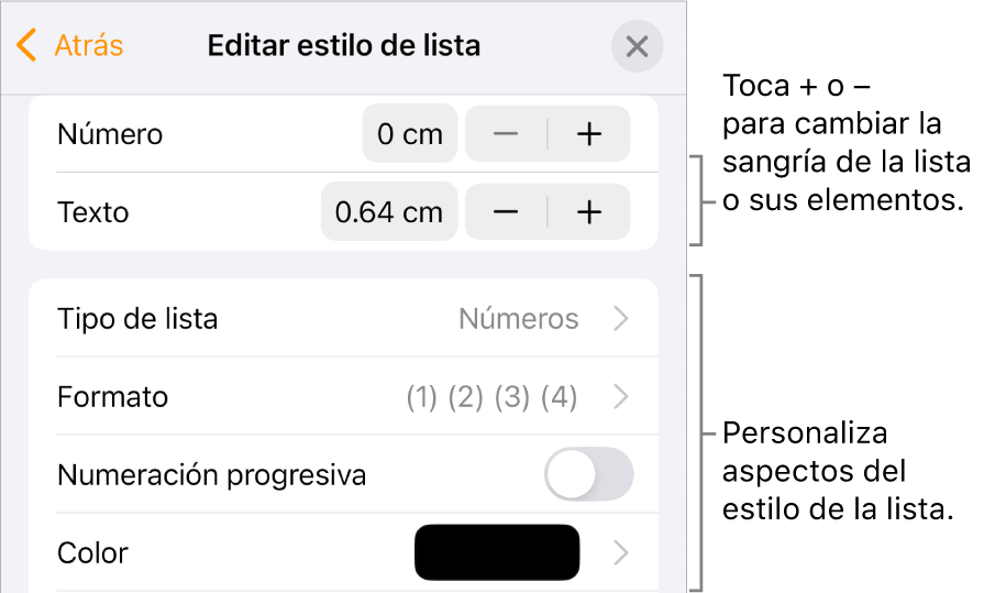 El menú Editar estilo de lista con controles para el espaciado de la sangría, el tipo y el formato de la lista, numeración progresiva e interlineado.