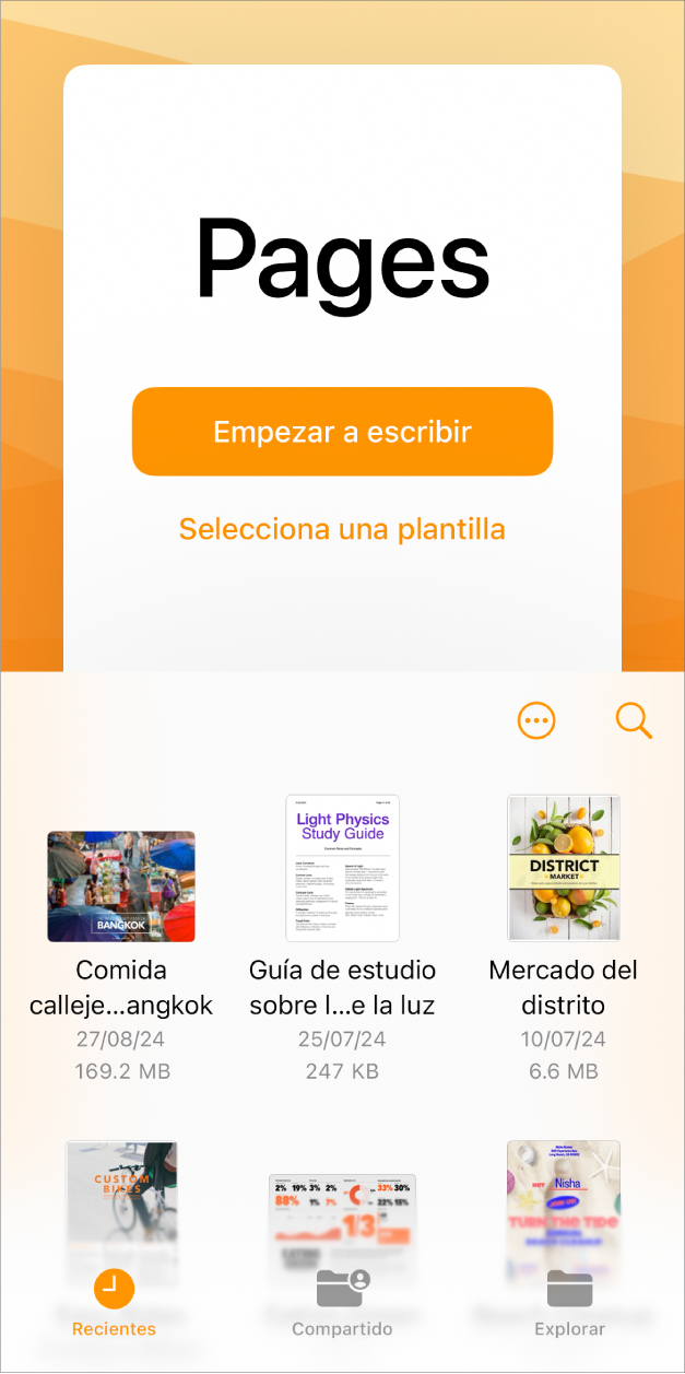 El administrador de documentos de Pages con botones para empezar a escribir o elegir una plantilla en la parte superior de la pantalla, y controles para abrir documentos guardados en la parte inferior.