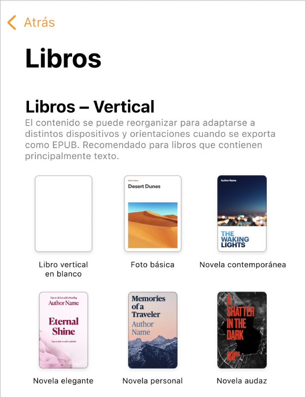 El selector de plantillas con plantillas de libros con orientación vertical en la parte superior, y horizontal en la parte inferior.