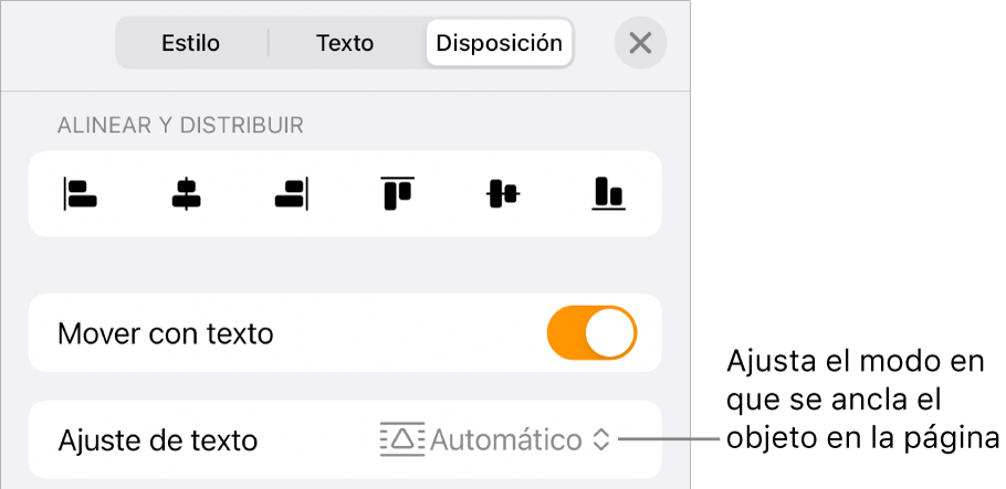 Los controles de disposición con las opciones “Mover con texto” y “Ajuste de texto”.
