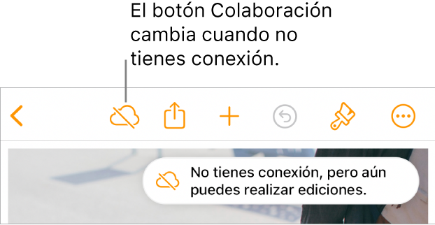 Los botones de la parte superior de la pantalla, con el botón Colaboración cambiado a una nube con una línea diagonal que la atraviesa. Un aviso en la pantalla dice “No tienes conexión, pero aún puedes realizar ediciones”.