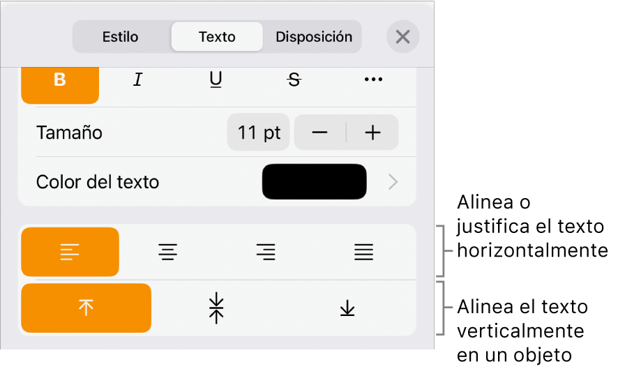 El panel Alineación con llamadas a los botones de alineación de texto y espaciado.