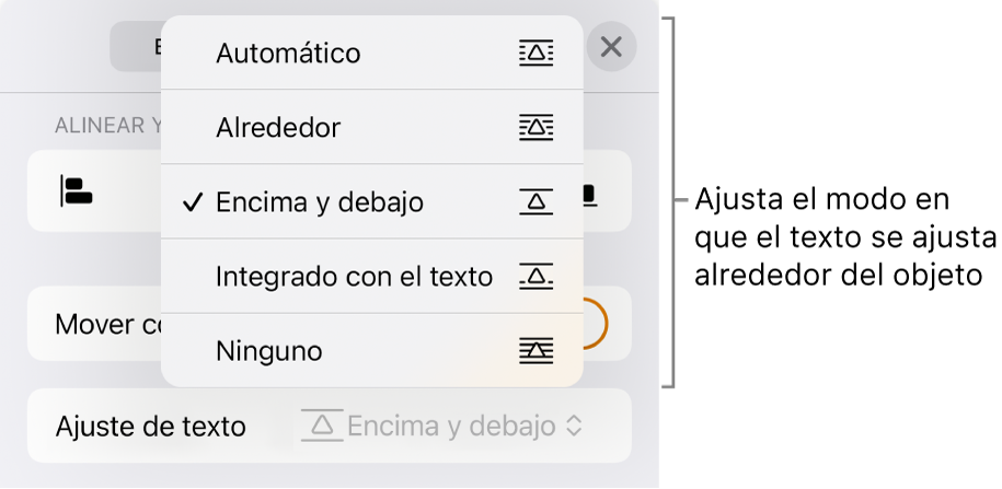 Los controles de ajuste del texto, que incluyen ajustes para Automático, Alrededor, “Encima y debajo”, “Integrado con el texto” y Ninguno.