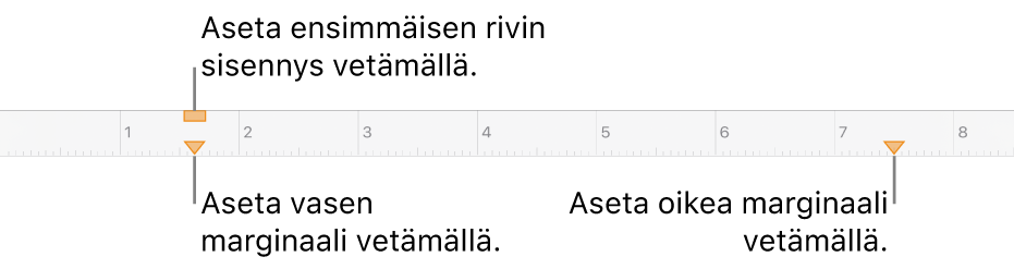 Viivain, jossa vasemmanpuoleisen marginaalimerkin, ensimmäisen rivin sisennysmerkin ja oikeanpuoleisen marginaalimerkin selitteet.