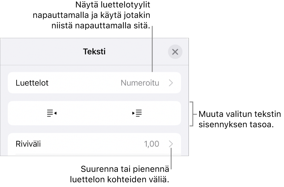 Muoto-säätimien Luettelot-osio, jossa on selitteet Luetteloihin, ulonnus- ja sisennyspainikkeisiin ja rivivälisäätimiin.