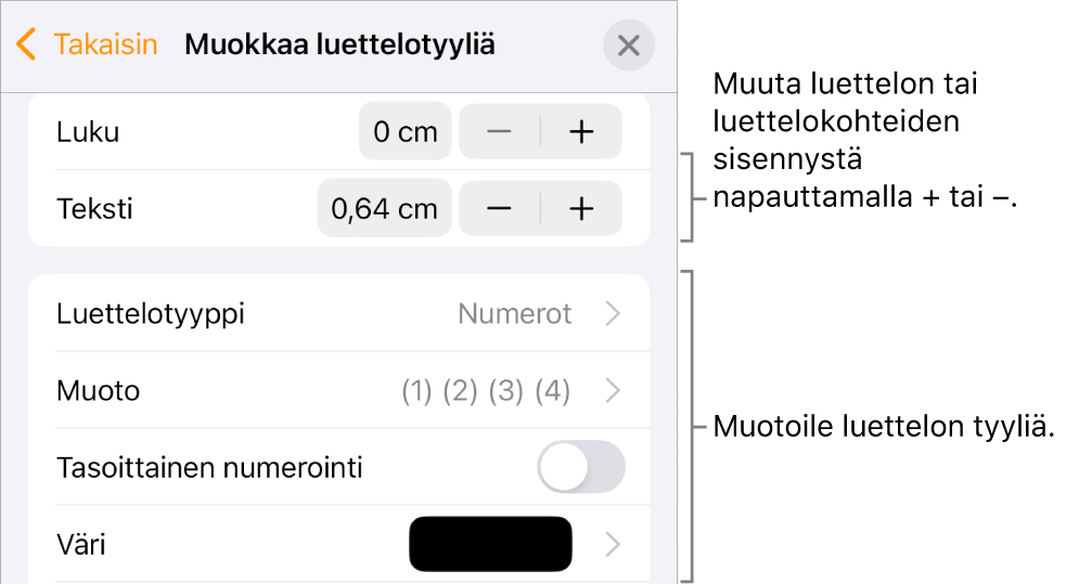 Muokkaa luettelotyyliä -valikko, jossa on säätimet sisennysten välistystä, luettelotyyppiä ja -muotoa, tasoittaista numerointia ja riviväliä varten.