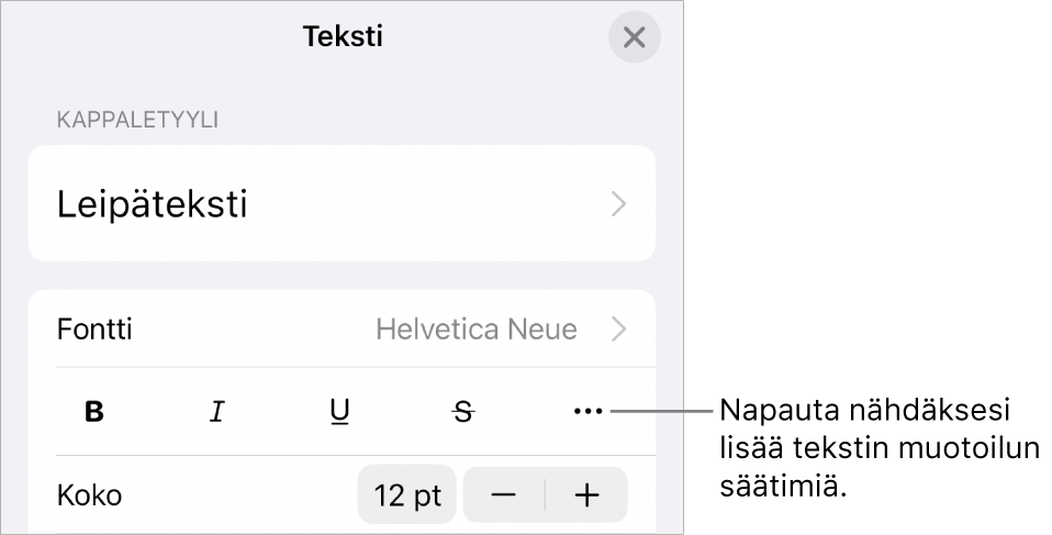 Muoto-säätimien Teksti-välilehti, jossa Lisää tekstivalintoja -painikkeen selite.