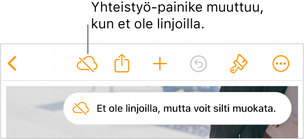 Näytön yläreunalla näkyy painikkeita, Yhteistyö-painike muuttuu pilven kuvaksi, jonka läpi menee vinottainen viiva. Näytöllä näkyvässä ilmoituksessa lukee ”Et ole linjoilla, mutta voit silti muokata.”