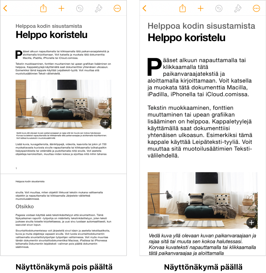 Kaksi näkymää samasta Pages-dokumentista. Toisessa on Näyttönäkymä käytössä ja toisessa pois käytöstä.