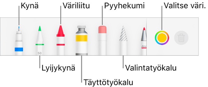 iPhonen Pagesin piirrostyökalupalkki mukaan lukien kynä, lyijykynä, väriliitu, täyttötyökalu, pyyhekumi, valintatyökalu ja värivalitsin, jossa näkyy nykyinen väri.