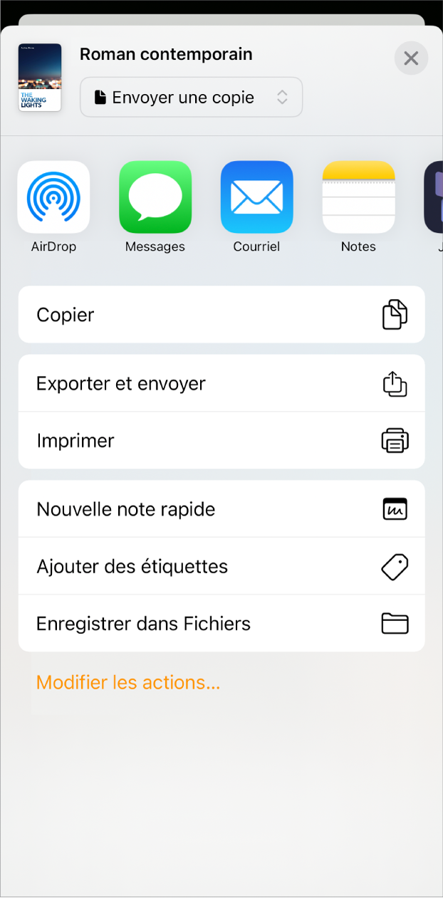 Le menu Partager s’affiche, avec les options d’envoi dans le haut et les options Copier, Exporter et envoyer, Imprimer, Nouvelle note rapide, Ajouter des étiquettes et Enregistrer dans Fichiers dans le bas.