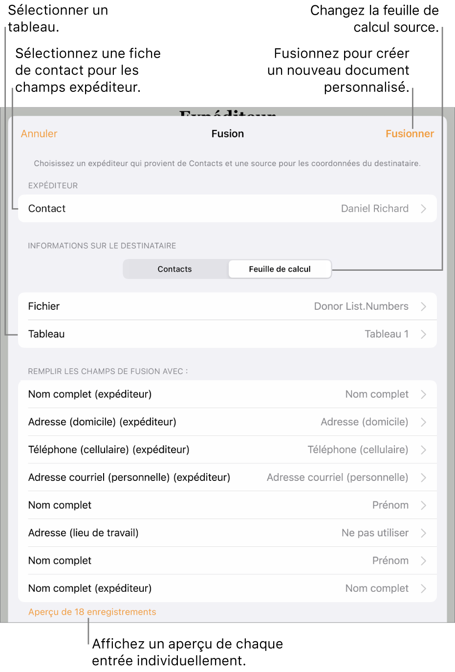 Onglet Fusion ouvert, avec options de sélectionner les informations de l’expéditeur, de modifier le fichier ou le tableau source, d’obtenir un aperçu des noms de champs de fusion ou des registres individuels, ou de fusionner le document.