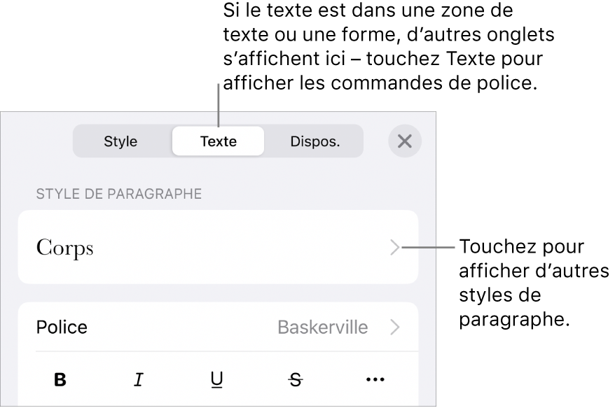 Menu Format avec commandes de texte permettant de définir les styles, la police, la taille et la couleur des paragraphes et des caractères.