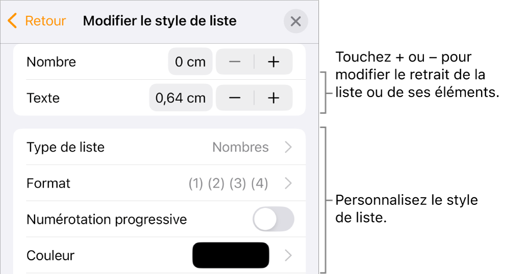 Menu Modifier le style de liste avec les commandes pour le retrait, le type et le format de liste, la numérotation progressive, et l’espacement des lignes.