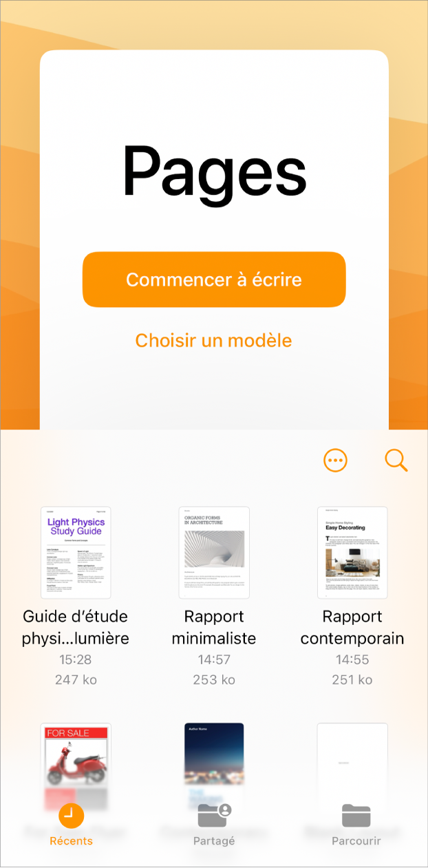 Écran d'accueil de Pages avec les options Commencer à écrire et Choisir un modèle dans la partie supérieure et les documents récents affichés dans la partie inférieure.