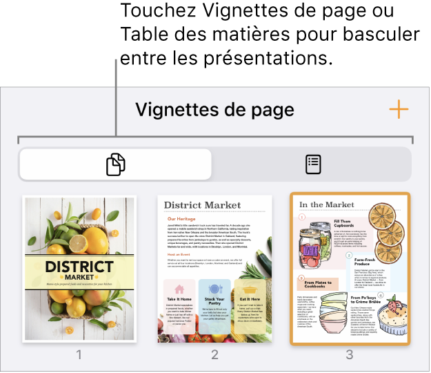 Présentation en vignettes de page avec la vignette de chaque page. Les boutons Vignettes de page et Table des matières se trouvent au bas de l’écran.