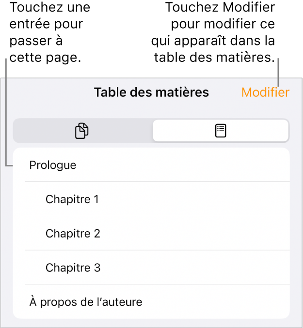 La présentation de la table des matières avec les titres sous forme de liste. Un bouton Modifier se trouve dans le coin supérieur droit. Les boutons Vignettes de page et Table des matières sont au bas de l’écran.