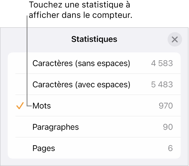 Menu Statistiques montrant les options permettant d’afficher le nombre de caractères avec et sans espaces, le nombre de mots, le nombre de paragraphes et le nombre de pages.