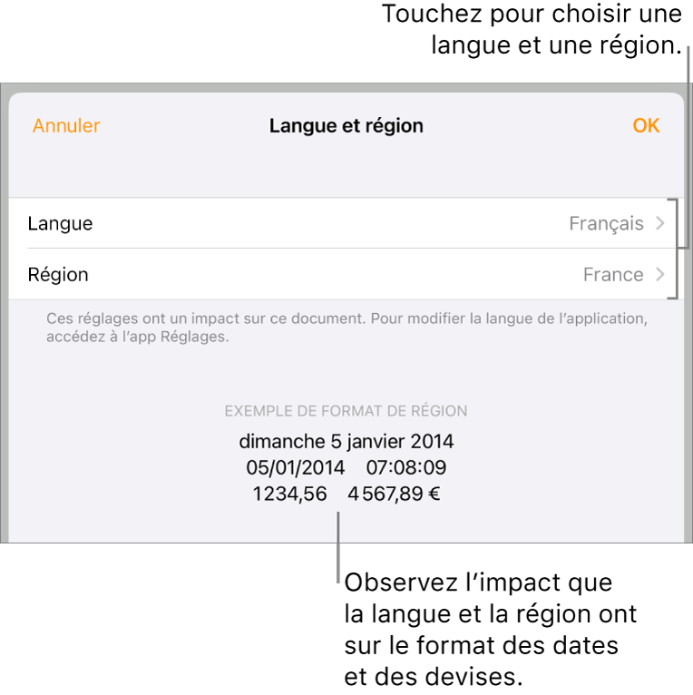 La sous-fenêtre Langue et région présentant des commandes de langue et de région, ainsi qu’un exemple de mise en forme comprenant date, heure, affichage des décimales et devise.