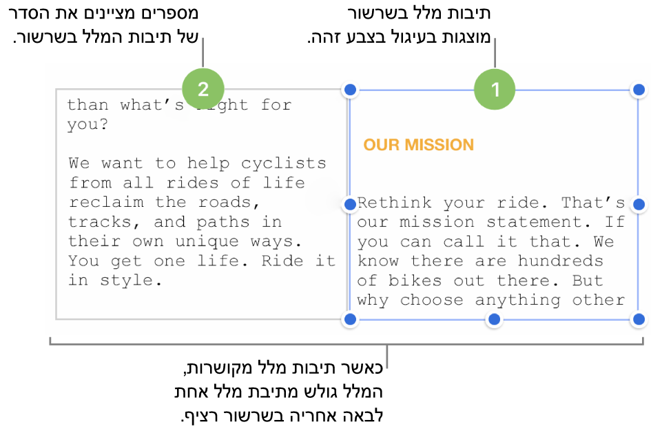 שתי תיבות מלל עם עיגולים סגולים בראשן והמספרים 1 ו‑2 בעיגולים.