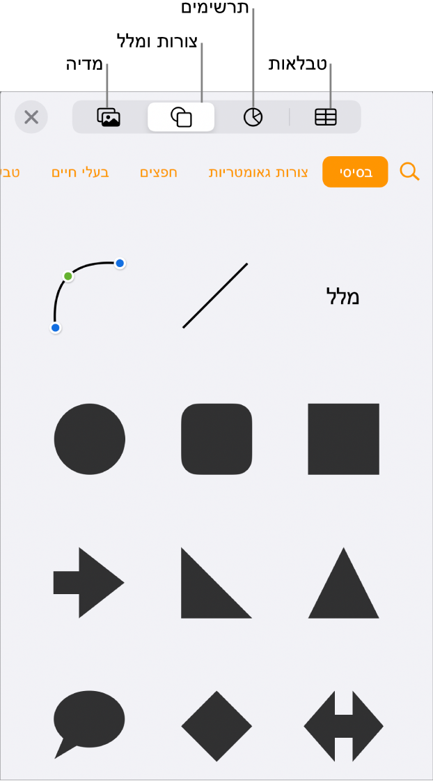 כלי הבקרה להוספת אובייקט, עם כפתורים בחלק העליון לבחירת טבלאות, תרשימים, צורות (כולל קווים ותיבות מלל) ומדיה.
