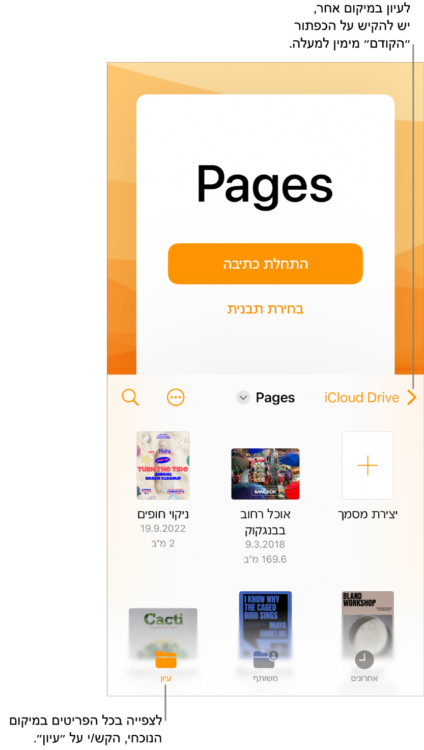 תצוגת העיון של מנהל המסמכים עם הכפתור ״הקודם״ בפינה הימנית העליונה ומתחתיו שדה חיפוש. מתחת לשדה החיפוש נמצא הכפתור ״יצירת מסמך״ לצד תמונות ממוזערות של מסמכים קיימים. בפינה השמאלית העליונה ישנם הכפתורים ״אחרונים״, ״משותפים״ ו״עיון״.