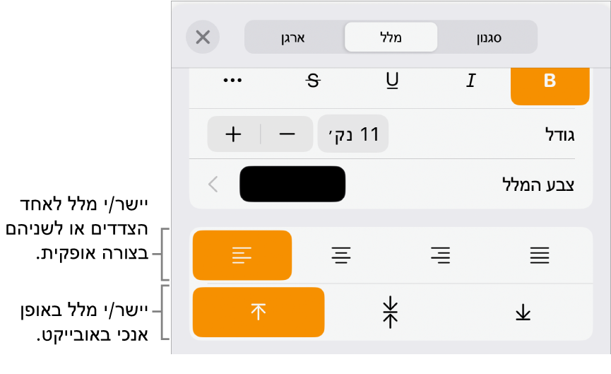 החלונית ״פריסה״ עם הסברים לכפתורי יישור וריווח של מלל.