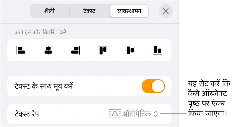 “टेक्स्ट के साथ मूव करें” और “टेक्स्ट रैप करें” के साथ “व्यवस्थित करें” नियंत्रण।