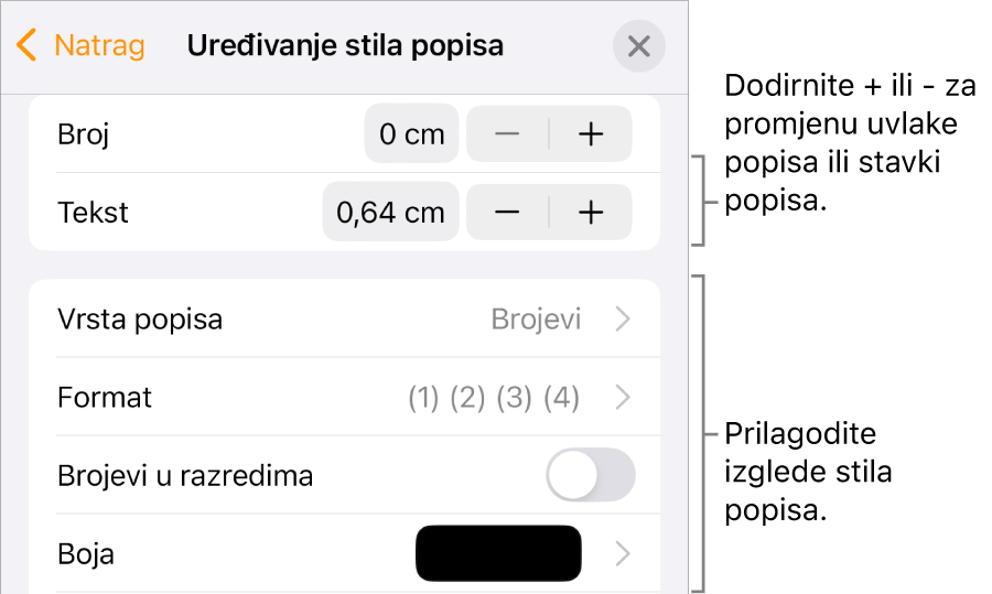 Uredite izbornik Stil popisa s kontrolama za uvučeni razmak, vrstu popisa i format, hijerarhiju brojeva i prored.