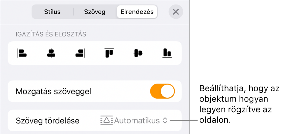 Az Elrendezés vezérlők a következőkkel: Mozgatás szöveggel és Szöveg tördelése.