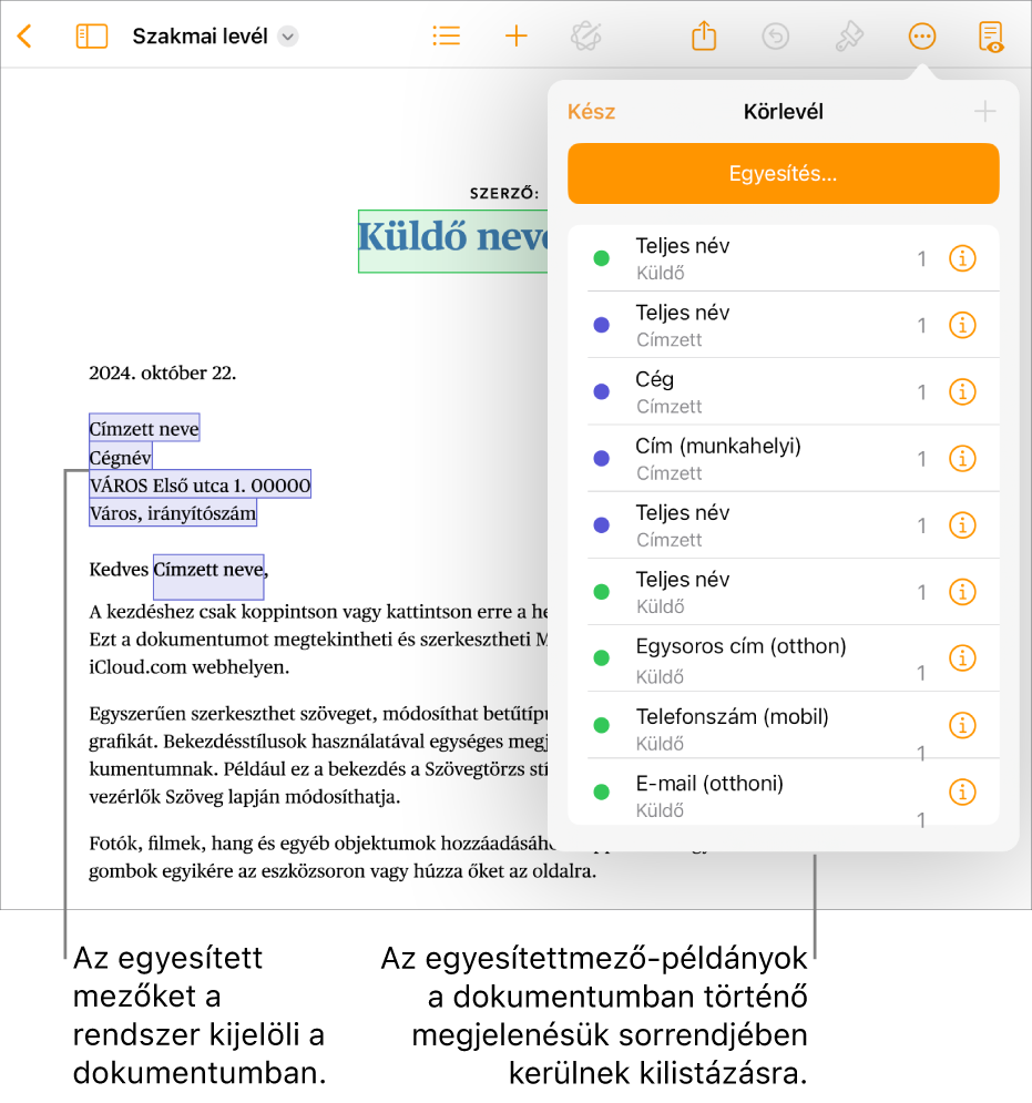 Egy Pages-dokumentum címzett és feladó Körlevélmezőkkel. A körlevélmező előfordulási lista a Dokumentum oldalsávon látható.