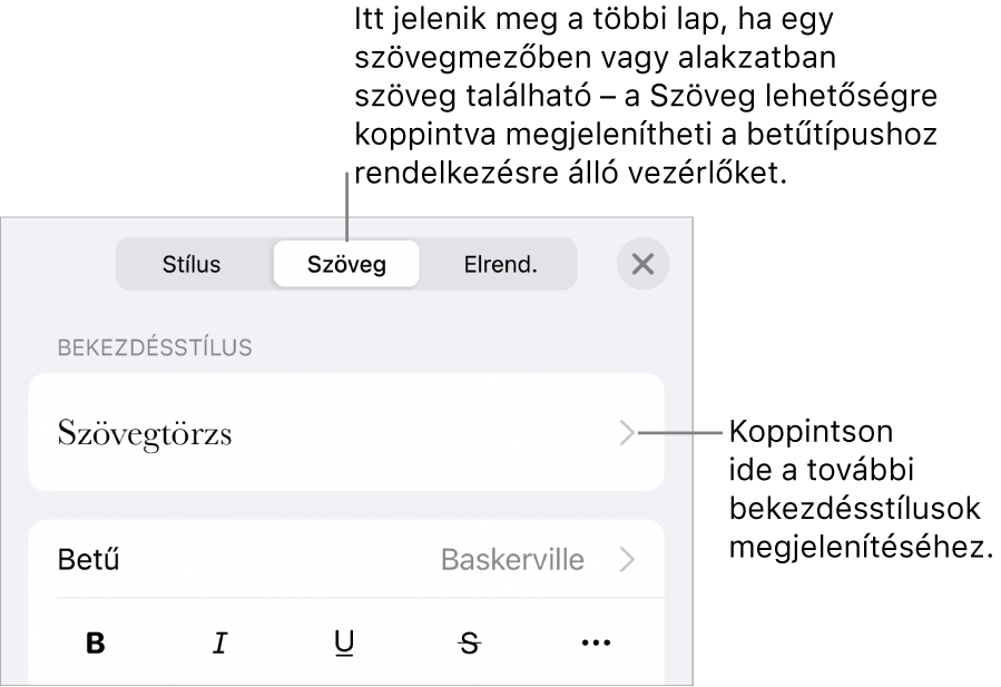 A Formátum menü a bekezdés és a karakterek stílusának, betűtípusának, méretének és színének beállítására szolgáló vezérlőkkel.