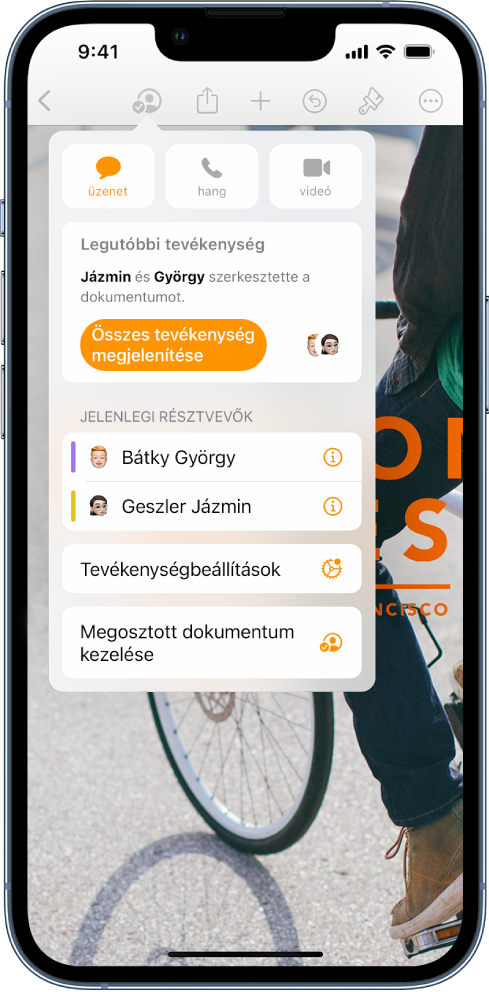 Az együttműködés menü, amelyben a dokumentumon együttműködő személyek nevei láthatók.
