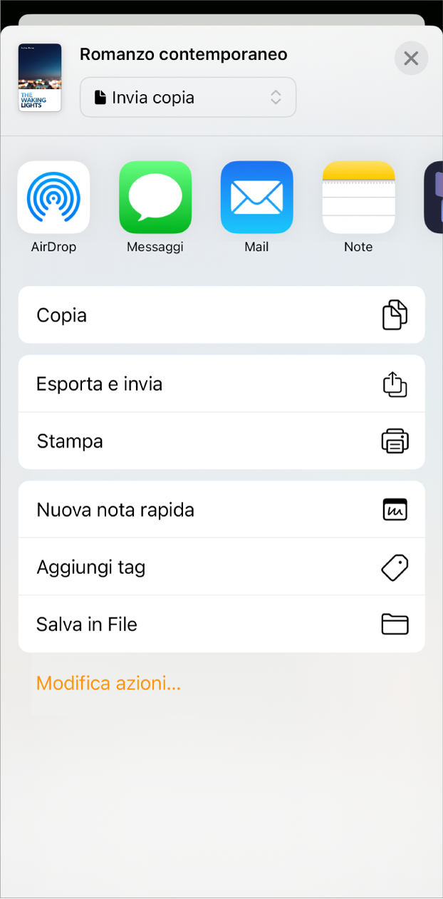 Appare il menu Condividi, con le opzioni di invio in alto e le opzioni Copia, Esporta e invia, Stampa, Nuova nota rapida, Aggiungi tag e Salva nei file in basso.