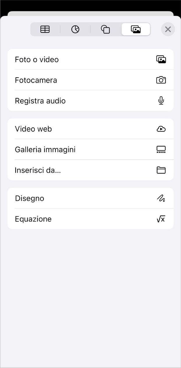 Viene visualizzato il menu “Aggiungi media”.