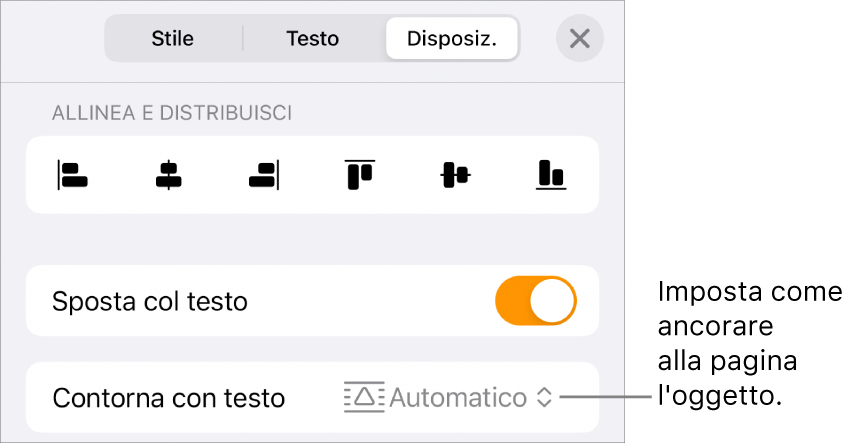 Controlli di Disposizione con “Sposta col testo” e “Disposizione testo”.