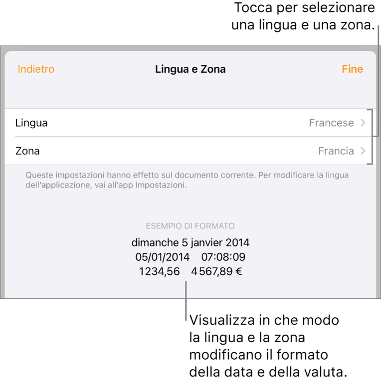 Il pannello Lingua e Zona con i controlli per lingua e zona e un esempio di formato che include data, ora, numeri decimali e valuta.