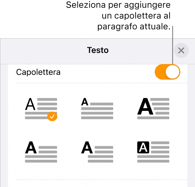 I controlli Capolettera situati nel menu Testo.