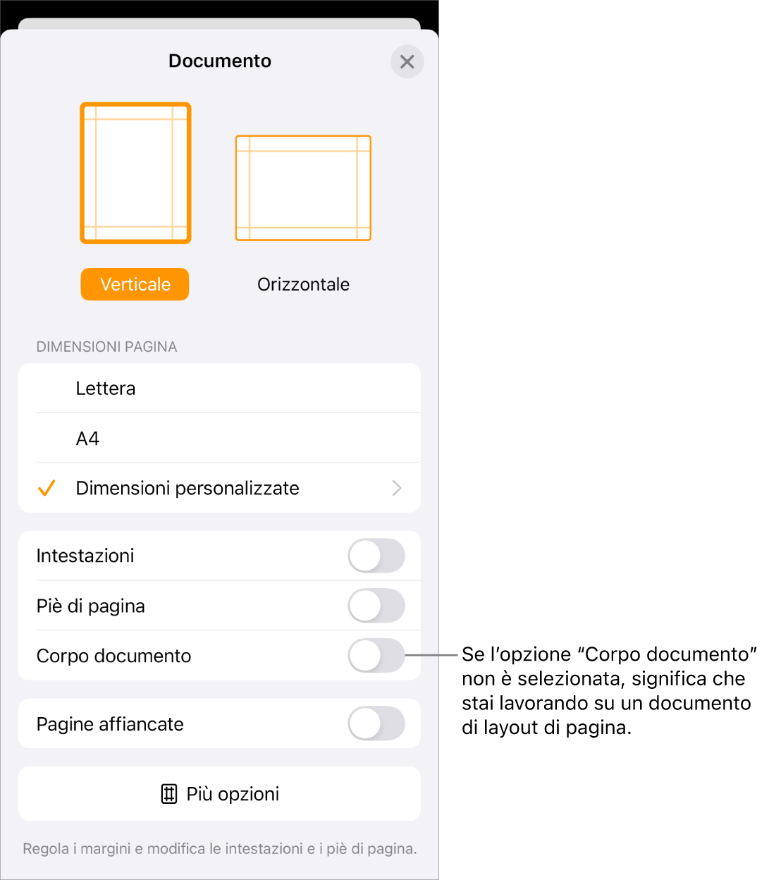 Impostazione documento aperta con la spunta su Corpo documento in un documento di layout pagina.