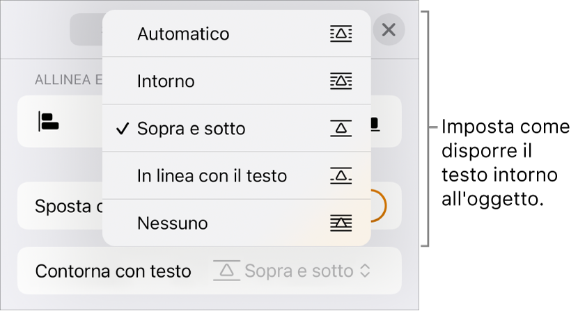 Controlli di “Contorna con testo” con impostazioni per Automatico, Intorno, “Sopra e sotto”, “In linea con il testo” e Nessuna.